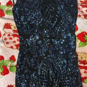 Elegant One Shoulder Sequin Dress - Black and Blue XS